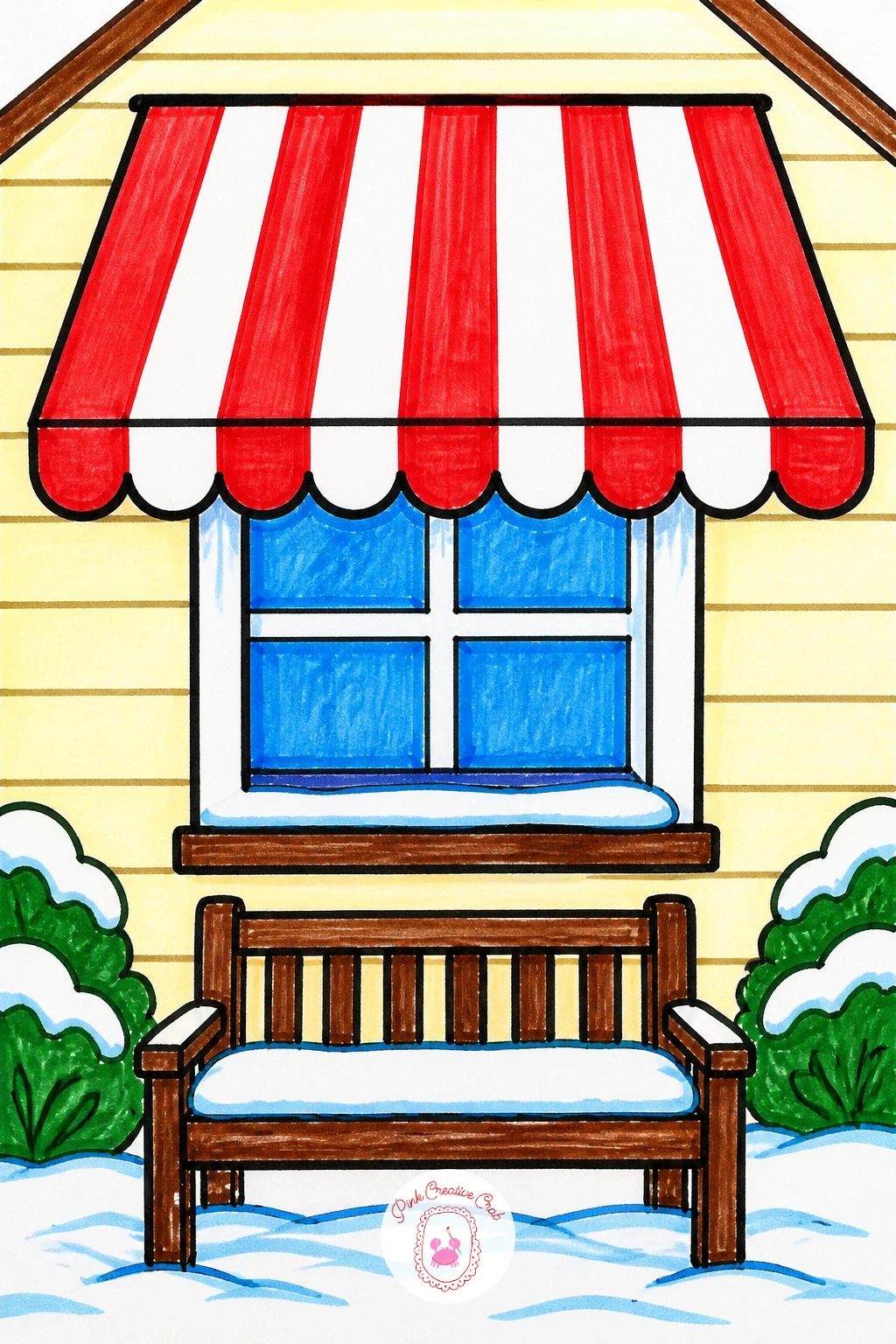House With Striped Awning And Bench — Draw a simple square house front with one large window, then stretch a striped awning, alternating two colors in a fan or