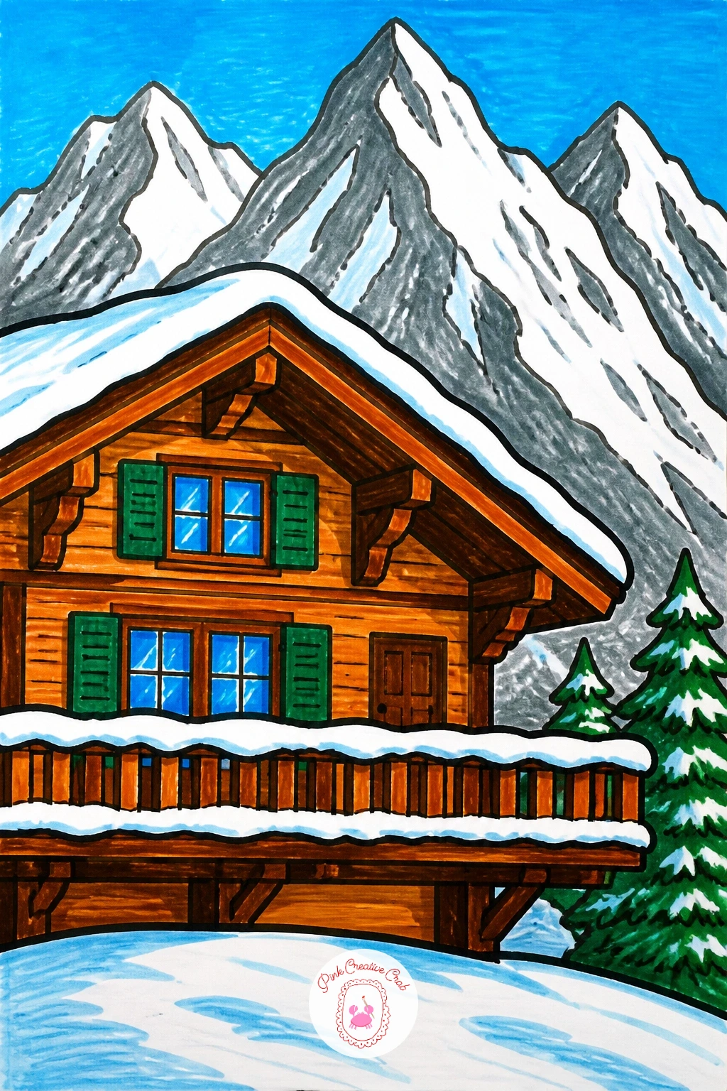 Mountain Chalet With Snowy Balcony — Draw a wide rectangle body with a steeply sloped triangle roof overhanging the walls on both sides, since that wide