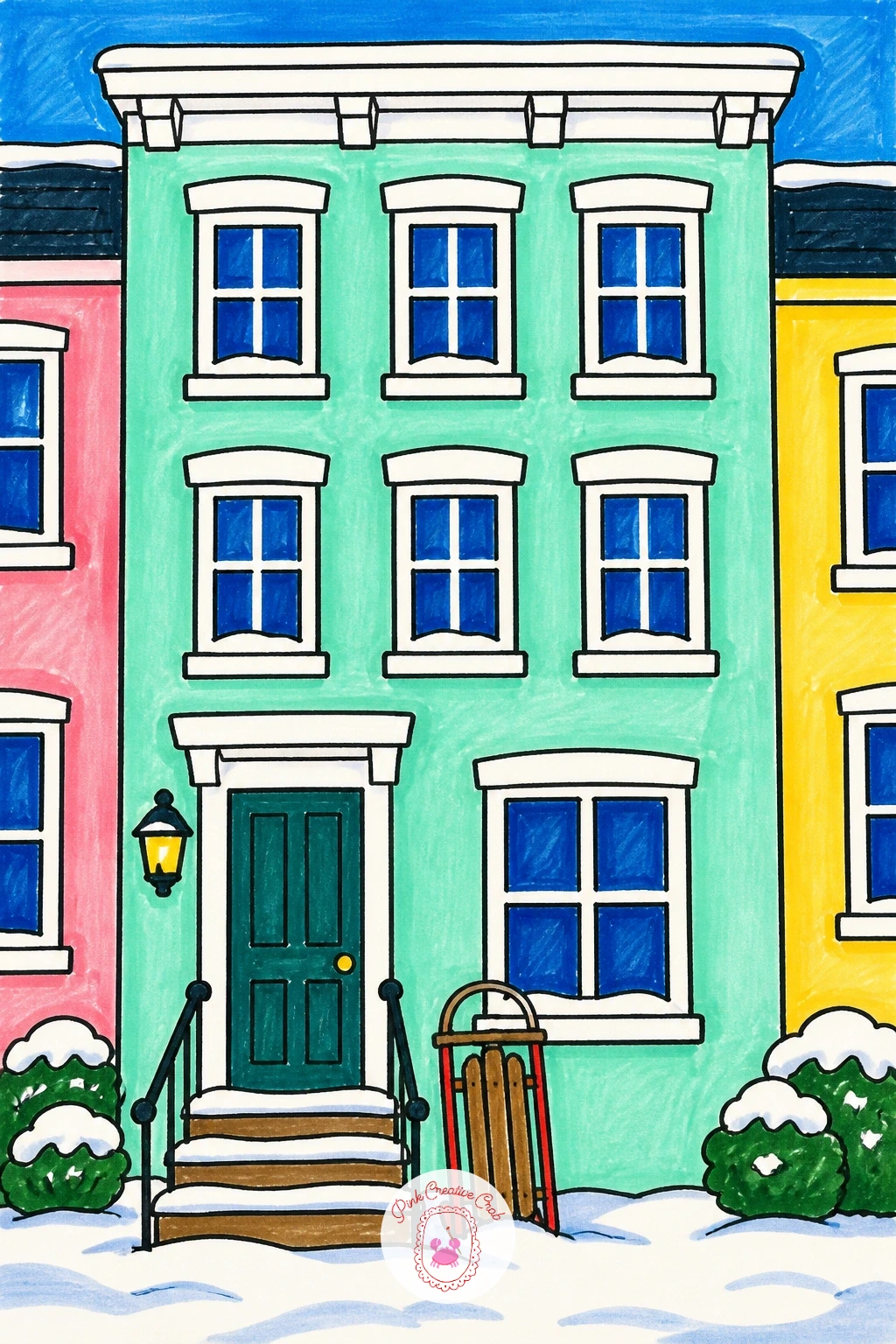 Pastel Row House With Sled By The Door — Draw this house as a tall narrow rectangle with a flat or slightly peaked roof, colored in one soft pastel shade like